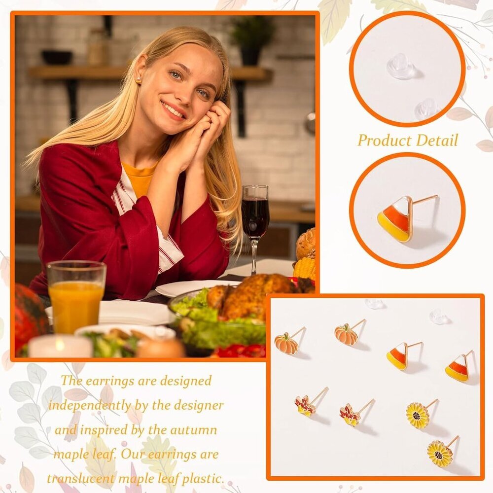 Fall Earrings for Women Pumpkin Sunflower Maple Leaf Candy Corn Stud Earrings Ho - Picture 3 of 6